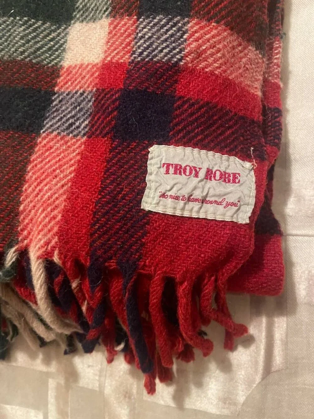 Vintage wool Troy Robe Classic Plaid Throw Blanket | tartan Lodgecore Fringe USA